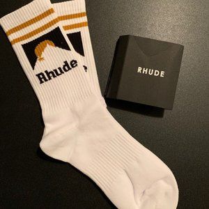 Rhude Moutain Gold & White Logo Ribbed Socks - White